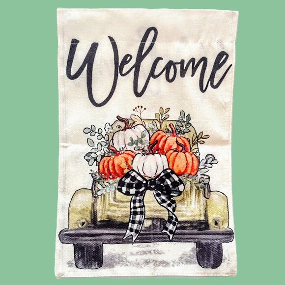 Fall Welcome Yard Garden Flag ~ Pumpkins & Pickup ~ Dbl-Sided ~ Sm. 12 x 18" NEW - Picture 9 of 10